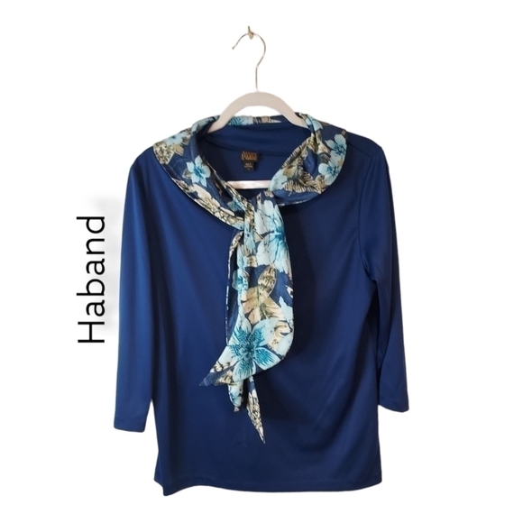 Haband Blue Knit 3/4 Sleeve & Scarf Career Casual Top Blouse Sz L - Picture 2 of 10